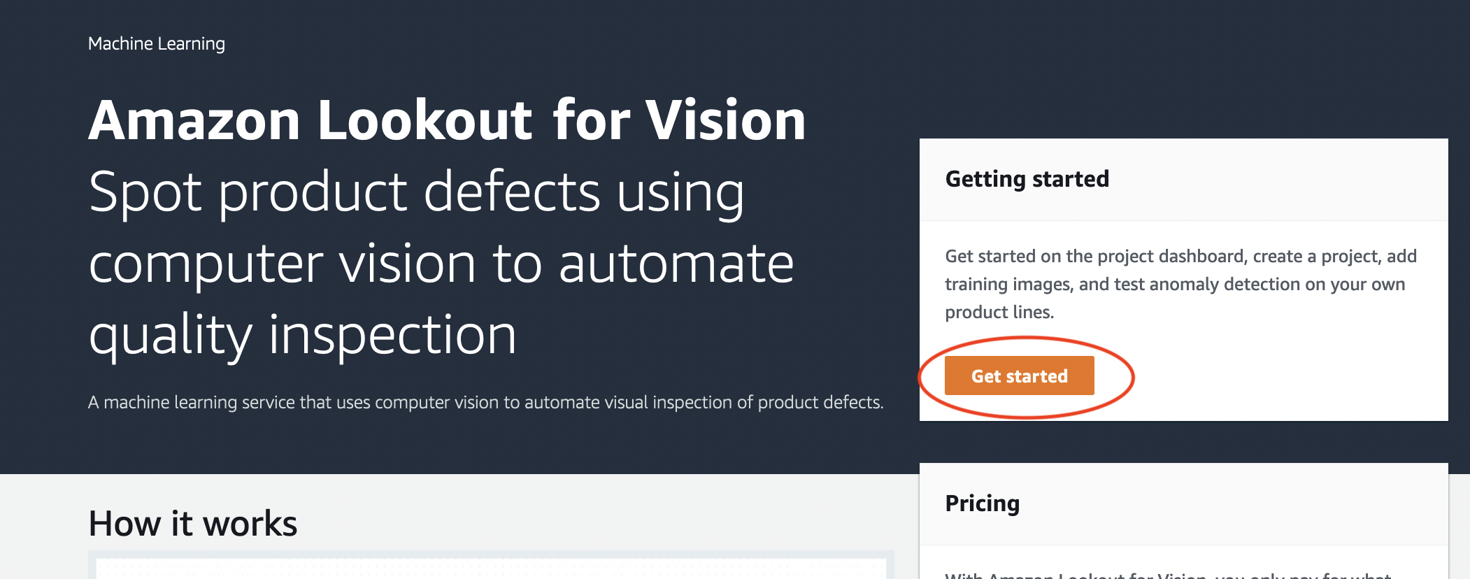 Amazon Lookout for Vision service description and Get started button highlighted.