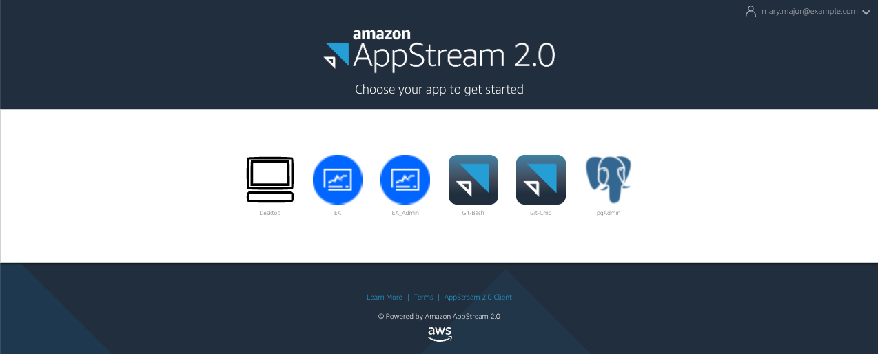 Un ejemplo de pantalla de inicio de sesión de AppStream 2.0 que muestra el icono del escritorio.