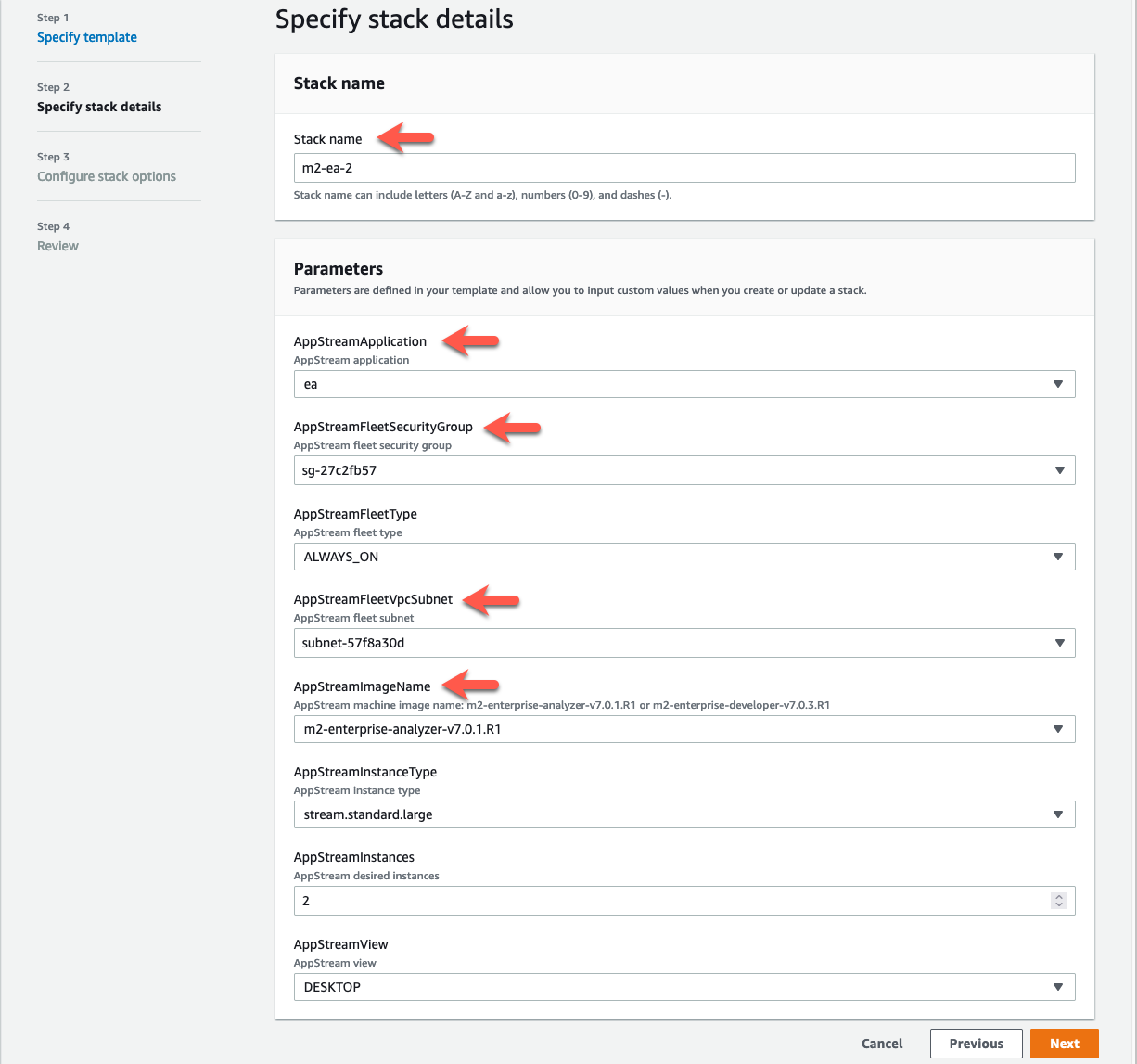 La página de AWS CloudFormation especificación de detalles de la pila con las opciones de Enterprise Analyzer rellenadas.