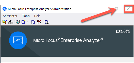 Herramienta Micro Focus Enterprise Analyzer Administration con el botón Cerrar seleccionado.