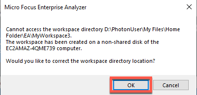 Aparece el mensaje de error de Enterprise Analyzer «No se puede acceder al directorio del espacio de trabajo» con la tecla OK seleccionada.