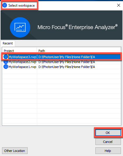 Cuadro de diálogo de selección del espacio de trabajo de la herramienta Micro Focus Enterprise Analyzer Administration con un proyecto seleccionado.