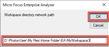 Ruta de red del directorio del espacio de trabajo del cuadro de diálogo de Enterprise Analyzer con una ruta de ejemplo.