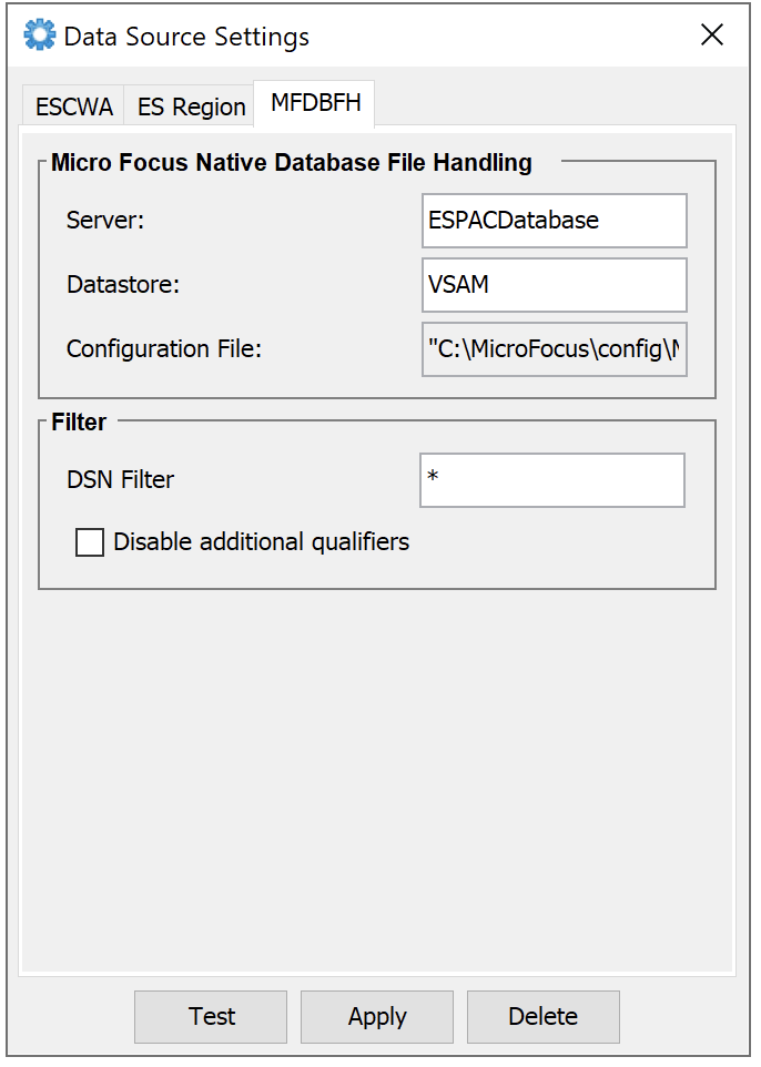 Configuración de la fuente de datos de la ventana Micro Focus Data File Tools con la pestaña MFDBFH.