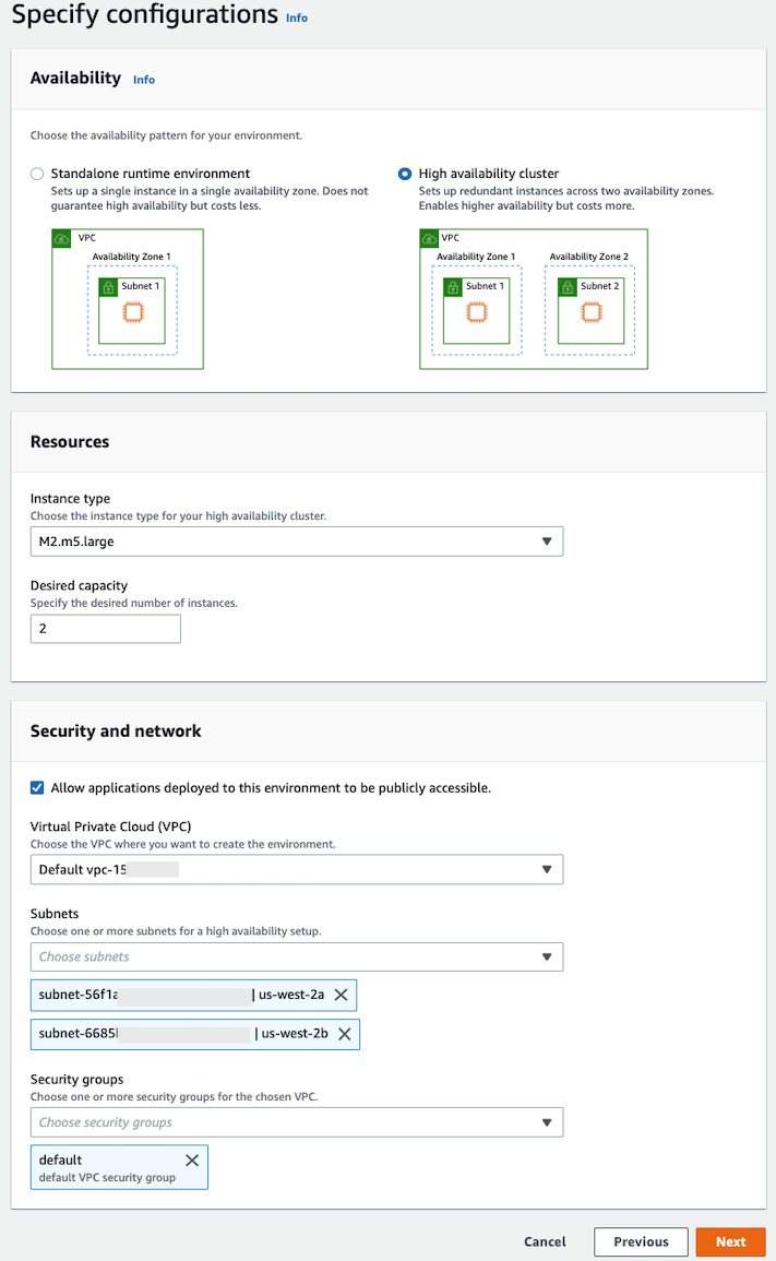 La página Especifique las configuraciones con un clúster de alta disponibilidad y un tipo de instancia específico seleccionado.