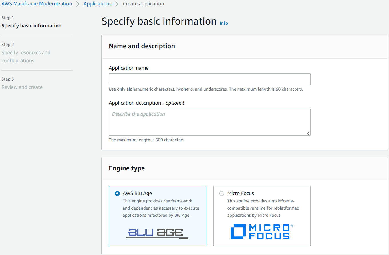 La aplicación especifique la página de información básica con el motor AWS Blu Age seleccionado.