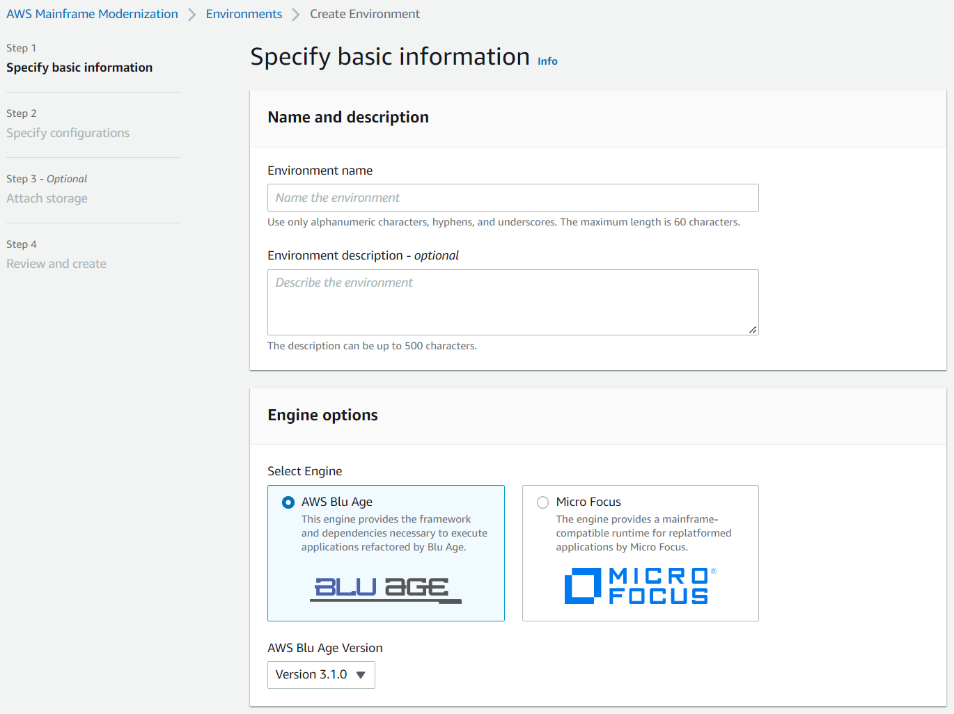 La página de información básica sobre la modernización de la AWS unidad central con el motor AWS Blu Age seleccionado.