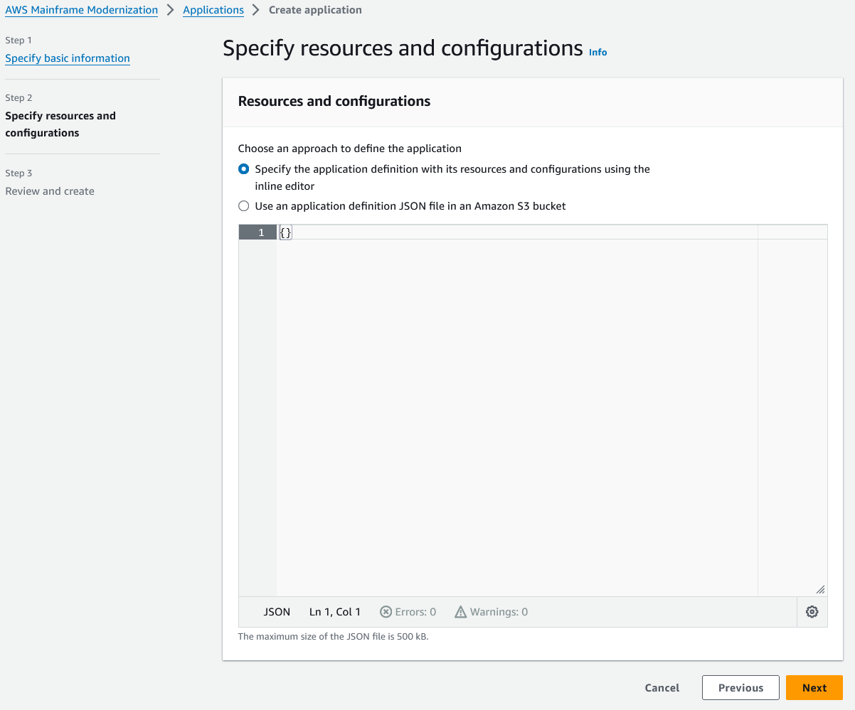 Página de especificación de recursos y configuraciones con un archivo JSON que se muestra en el editor en línea.