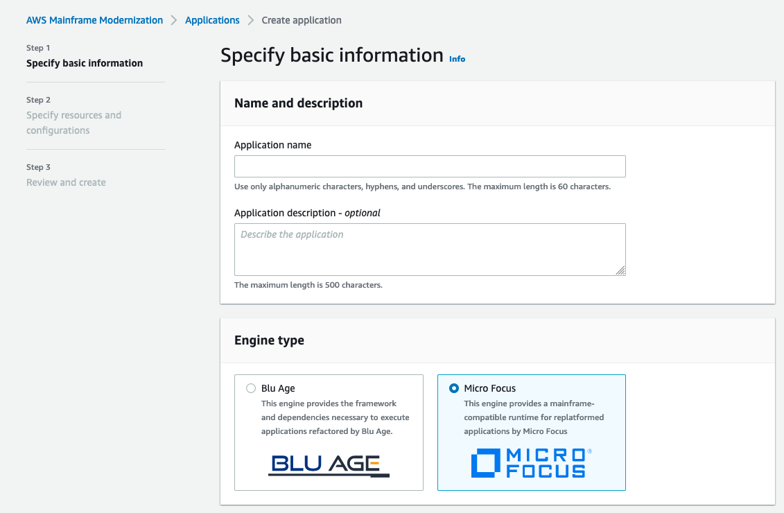 Página Crear aplicaciones con el tipo de motor Micro Focus seleccionado.