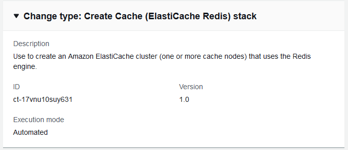 Details of an ElastiCache Redis stack creation, including description, ID, version, and execution mode.