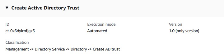Cree el tipo de cambio de Active Directory Trust con el ID, el modo de ejecución como Automatizado y la versión 1.0.