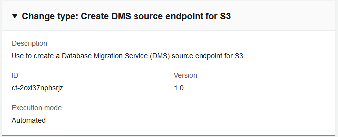 Cambio escriba los detalles que muestren el ID, la versión 1.0 y el modo de ejecución automática para crear el punto final de origen del DMS para S3.