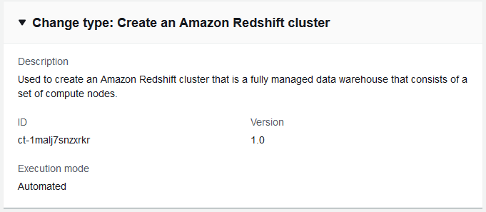 Details of an Amazon Redshiftclúster creation change type, including ID and version.