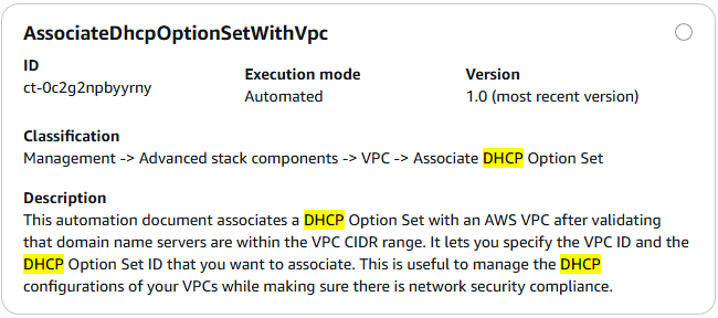 Captura de pantalla del tipo de cambio del conjunto de opciones de DHCP asociado en la consola AMS