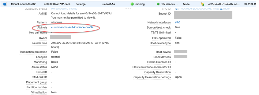 Detalles de la instancia EC2 que muestran el campo de IAM rol con el valor customer-mc-ec2-instance-profile.