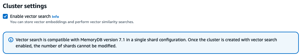 Al ver la configuración del clúster con la opción «Habilitar la búsqueda vectorial» marcada, se obtiene información sobre el soporte de versiones y configuraciones específicas.