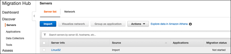 Esta es una imagen de la página de la lista de servidores de la consola de Migration Hub.