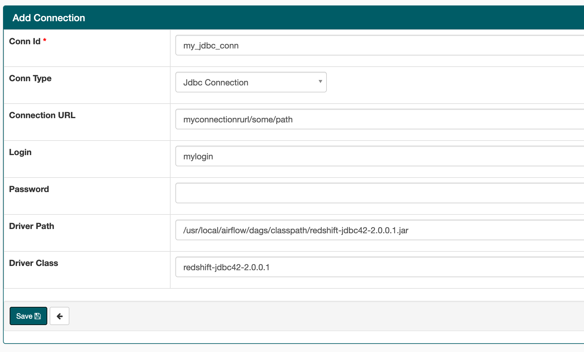 En esta imagen se muestra el tipo de conexión Jdbc en la interfaz de usuario de Apache Airflow.