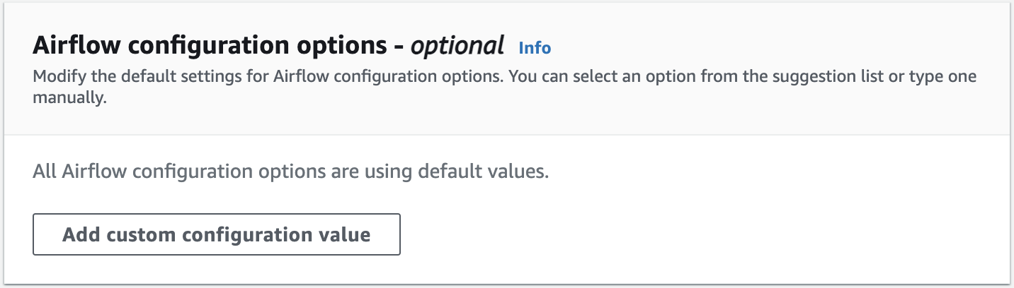 Esta imagen muestra dónde puede personalizar las Opciones de configuración de Apache Airflow en la consola Amazon MWAA.