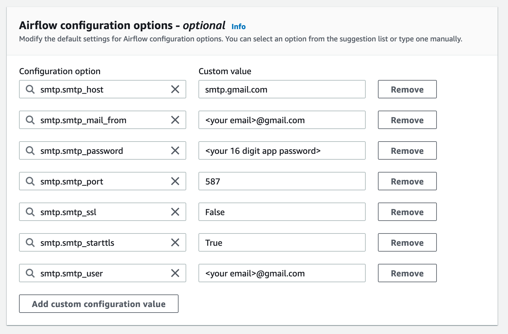 En esta imagen se muestra cómo configurar una cuenta de correo de gmail.com mediante las opciones de configuración de Apache Airflow en la consola MWAA.