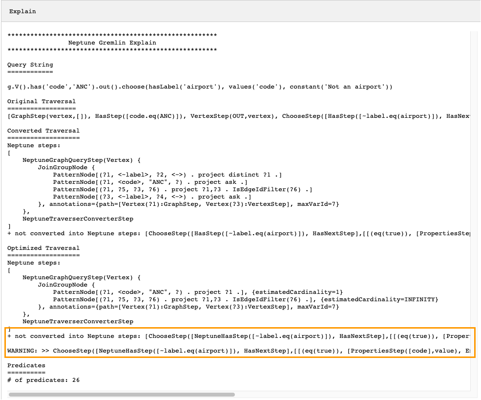 Salida de la API de explain en la que no se pueden convertir todos los pasos.