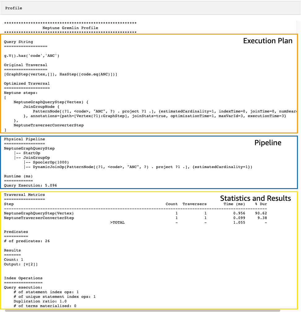 Un ejemplo de la salida de la API de profile de Neptune.