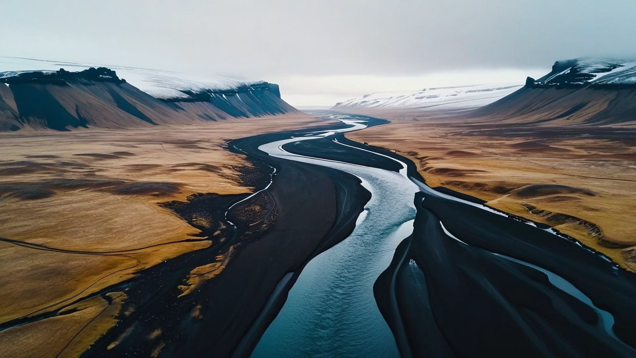 vista aérea de un río oscuro serpenteando por un paisaje inhóspito de Islandia, calidad cinematográfica