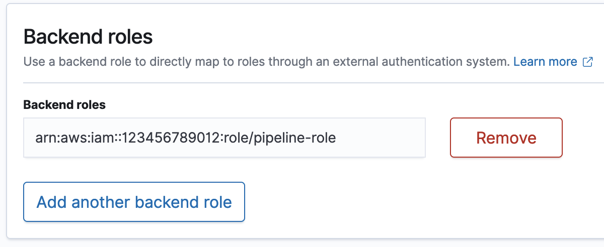 Backend roles section showing an AWSIAM role ARN for a pipeline role with a Remove option.