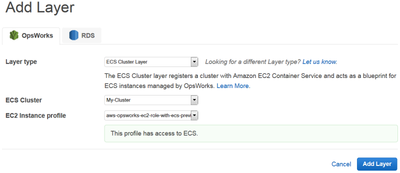 Form to add an ECS Clúster Layer, showing layer type, clúster selection, and EC2 instance profile options.