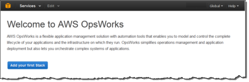 Si no tienes pilas, verás la página de primera ejecución en la consola de AWS OpsWorks Stacks; de lo contrario, verás una lista de todas las pilas de tu cuenta.