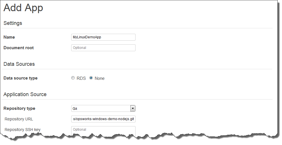 Add App form with settings for name, document root, data sources, and application source.