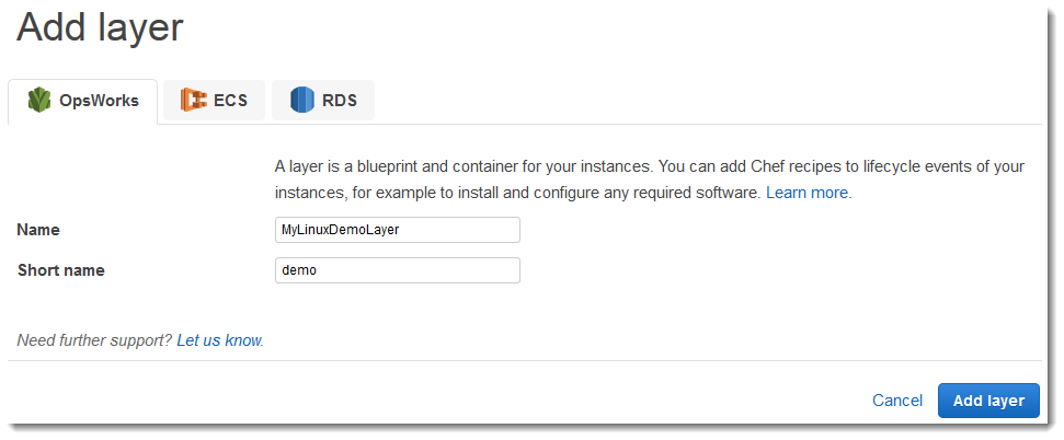 Form to add a layer with fields for name and short name, and options for OpsWorks, ECS, and RDS.