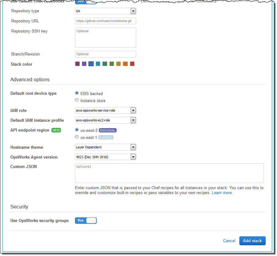 AWS OpsWorks stack configuration form with repository, IAM, and security options.