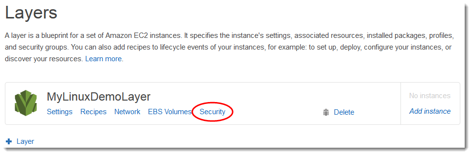 AWS Layers interface showing MyLinuxDemoLayer with Security tab highlighted.