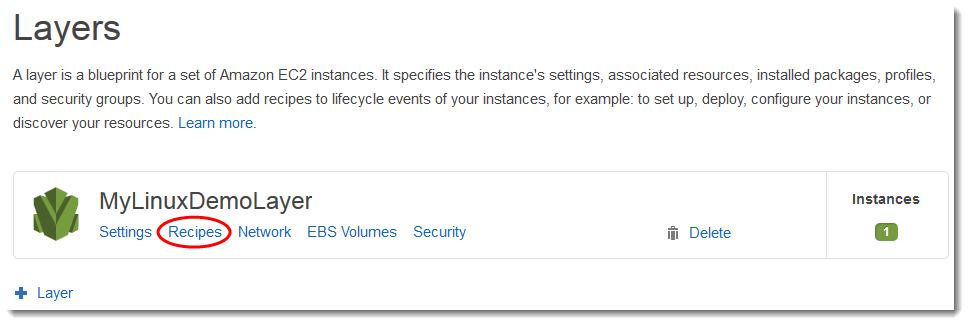 Layer interface showing MyLinuxDemoLayer with tabs for Settings, Recipes, Network, EBS Volumes, and Security.