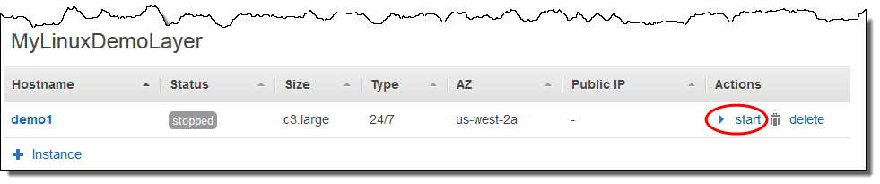 Instance management interface showing a stopped demo1 instance with start and delete options.