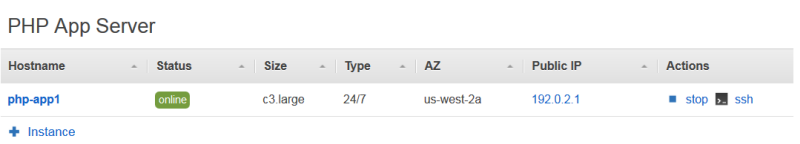 PHP App Server instance table showing php-app1 online with details like size and IP address.