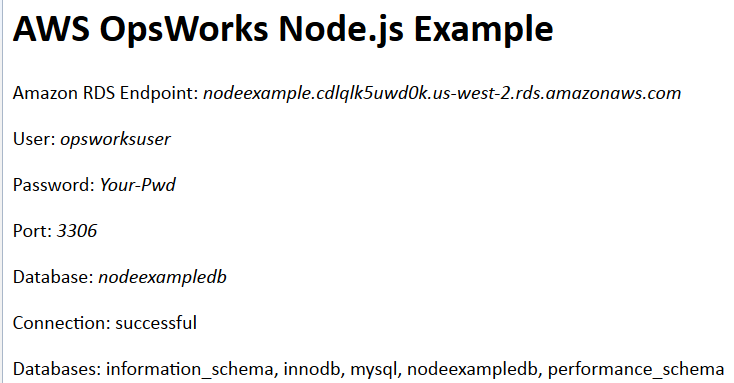 AWS OpsWorks Node.js example showing RDS endpoint, user credentials, and database details.