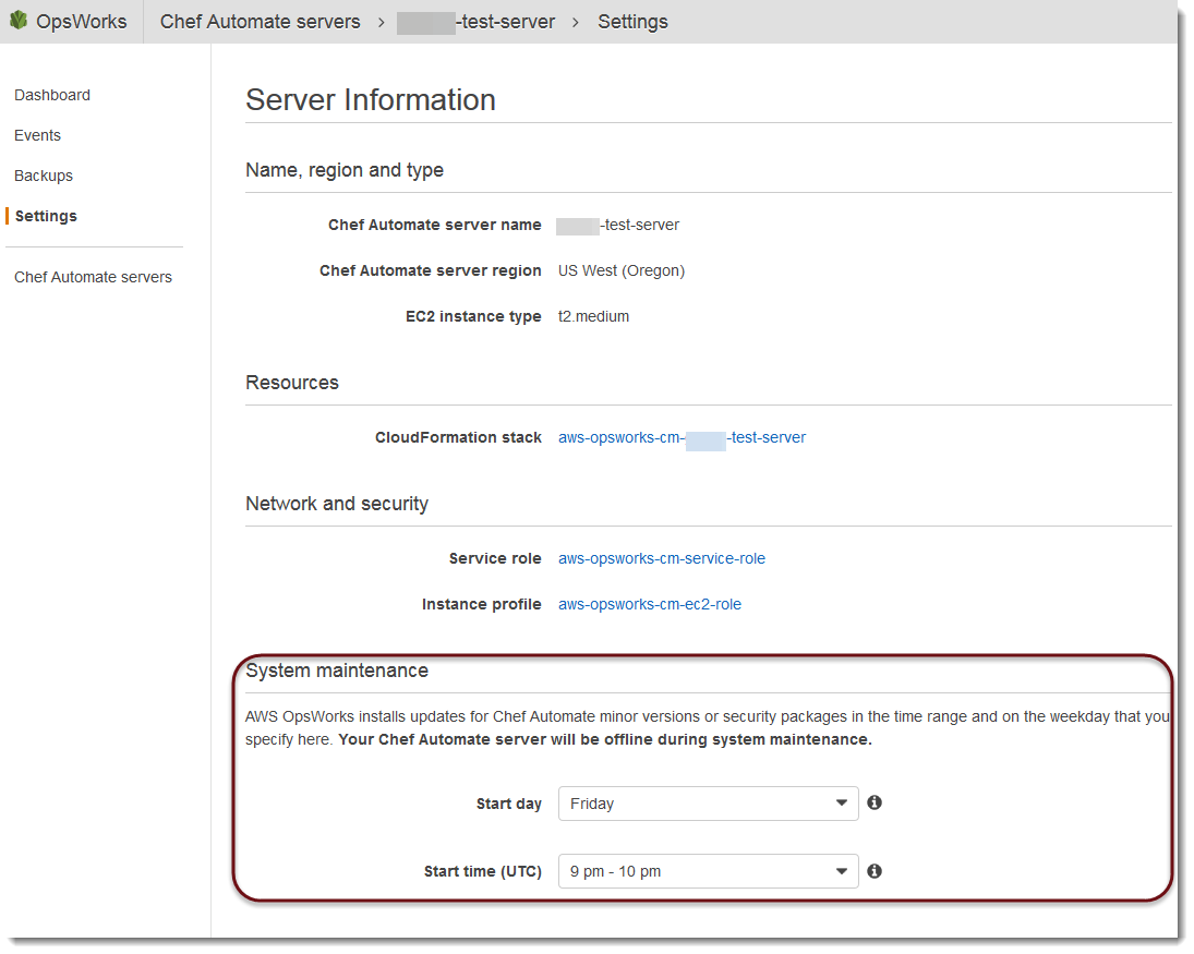 Configuración del servidor de Chef Automate, mostrando la sección Mantenimiento del sistema.