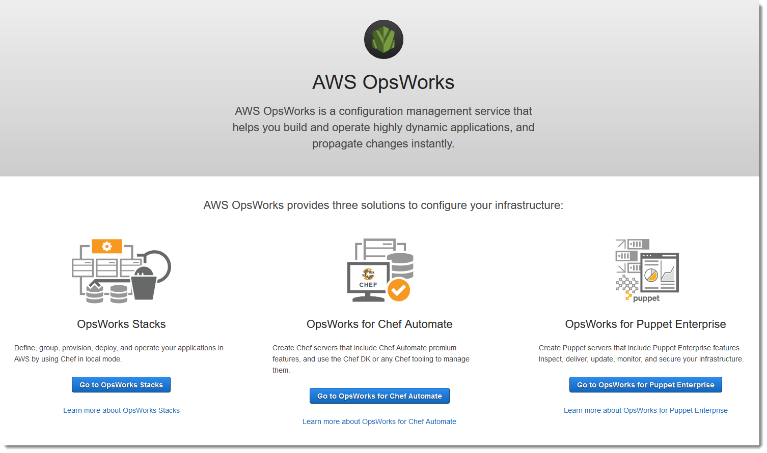 AWS OpsWorks página principal de servicios