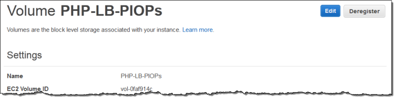 Volume details page showing settings for PHP-LB-PIOPs with name and EC2 Volume ID fields.