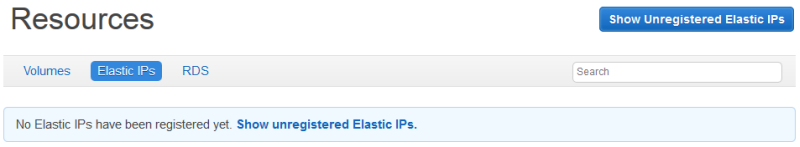 Resources page showing no registered Elastic IPs with an option to show unregistered ones.