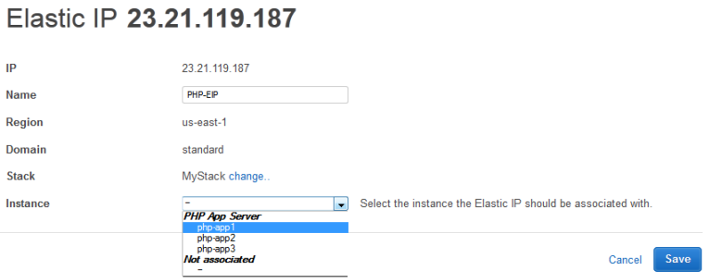 Elastic IP configuration interface showing IP details and instance selection dropdown.