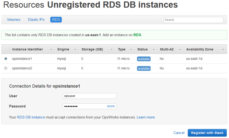 List of unregistered RDS DB instances with connection details for opsinstance1.