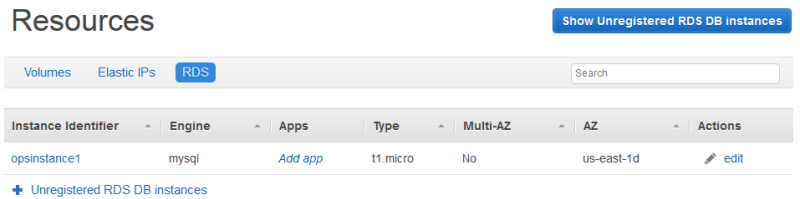 RDS resources table showing one MySQL instance with options to add apps and edit.