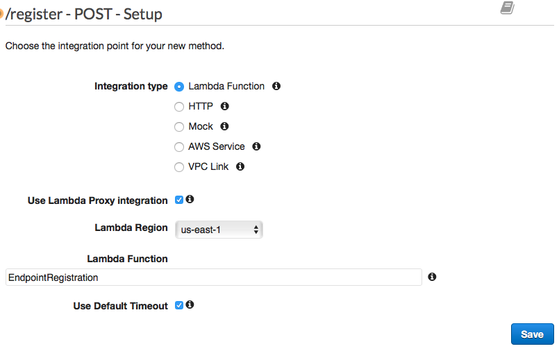 El panel /register - POST - Configuración con la función de Lambda seleccionada.