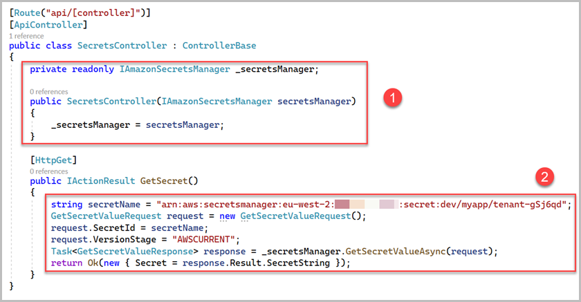 Cambios en el archivo de clases del controlador para recuperar los secretos de Secrets Manager