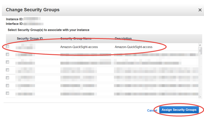 Cambio Security Groups interface with Amazon-QuickSight-access group highlighted and Assign Security Groups button.