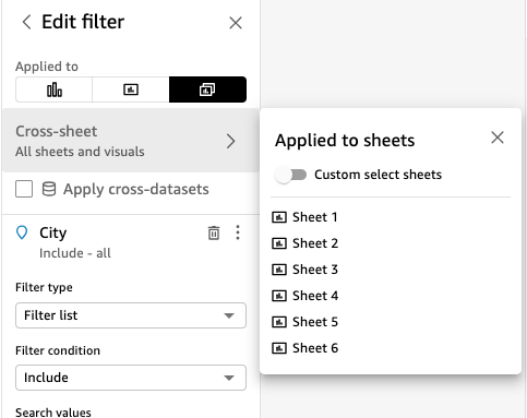 Esta es una imagen del filtro de edición QuickSight con las hojas personalizadas seleccionadas.