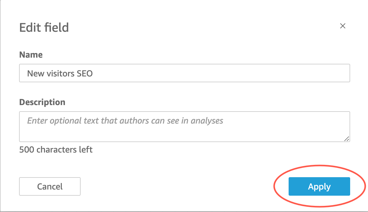 Edit field interface with Name and Descripción inputs, and Apply button highlighted.